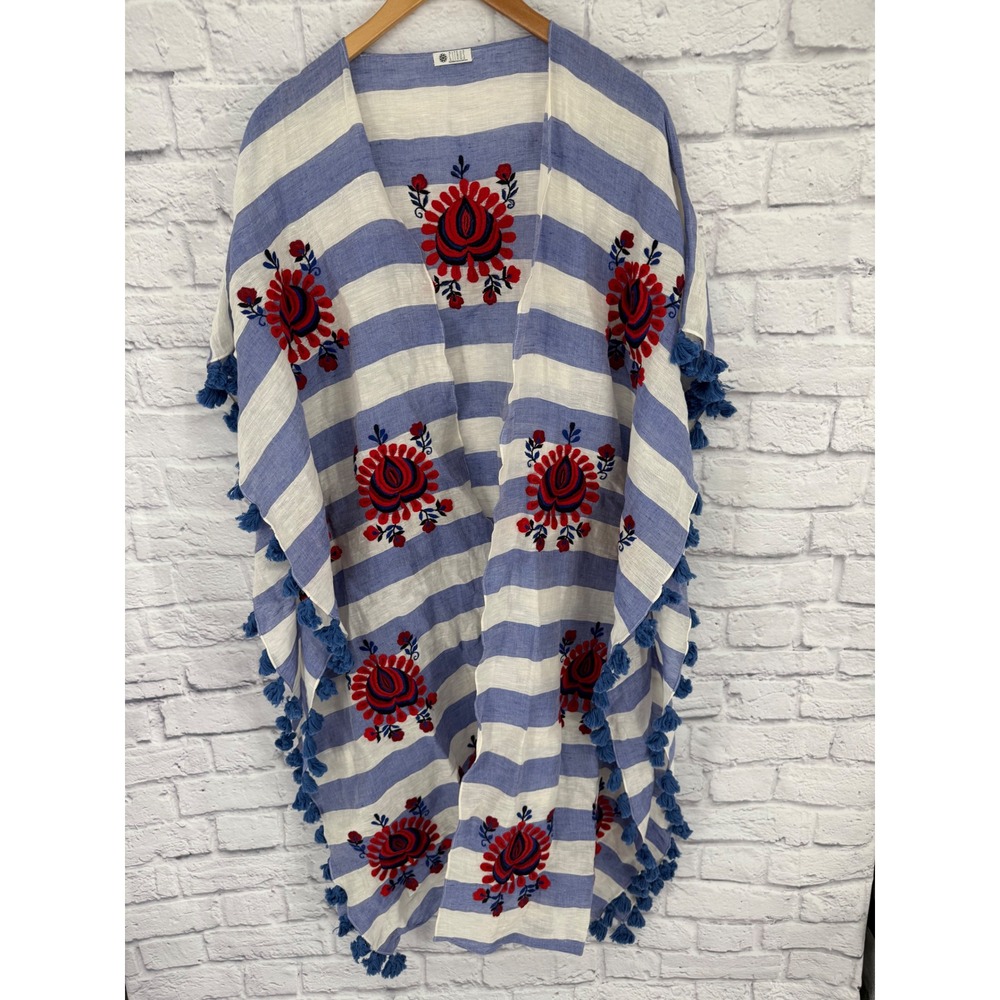CITRUS Blue & White Striped Embroidered‎ Kimono Tassel Boho Coastal Cover Up